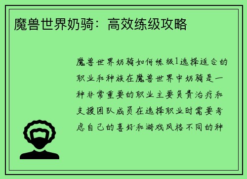 魔兽世界奶骑：高效练级攻略